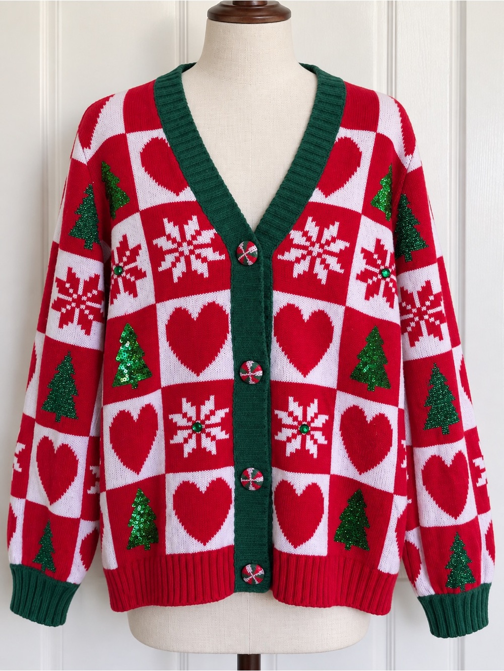 Holiday Time Red & Green Christmas Motif Cardigan Sweater